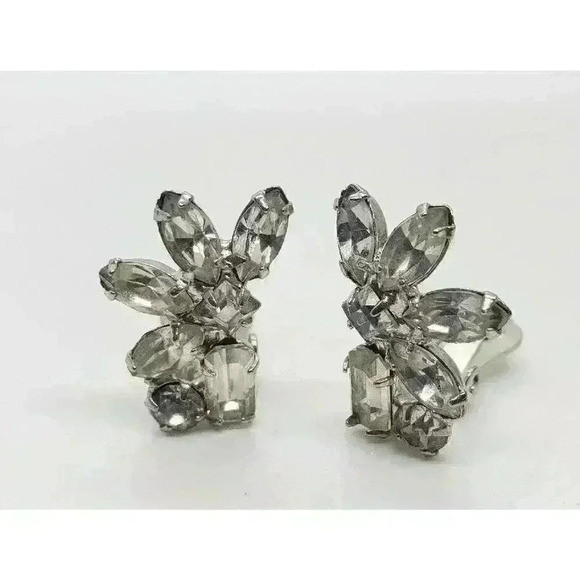 Vintage Earrings Clear Rhinestone Clip Clear Half Flower Star Bride Statement - Picture 2 of 10